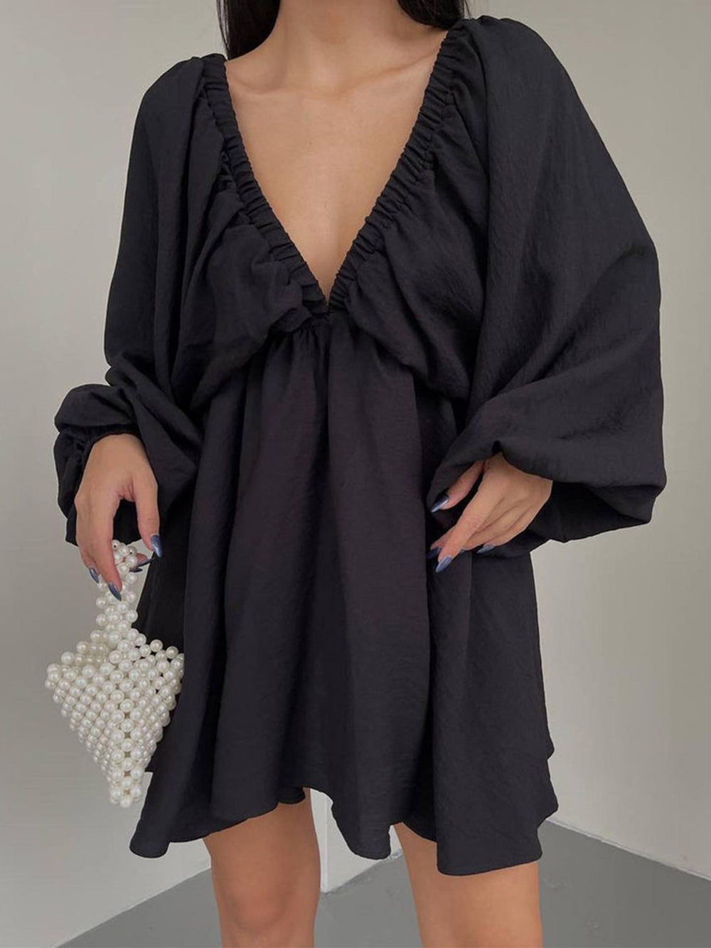 Woven Plunge Skater Mini Dress-Massicos