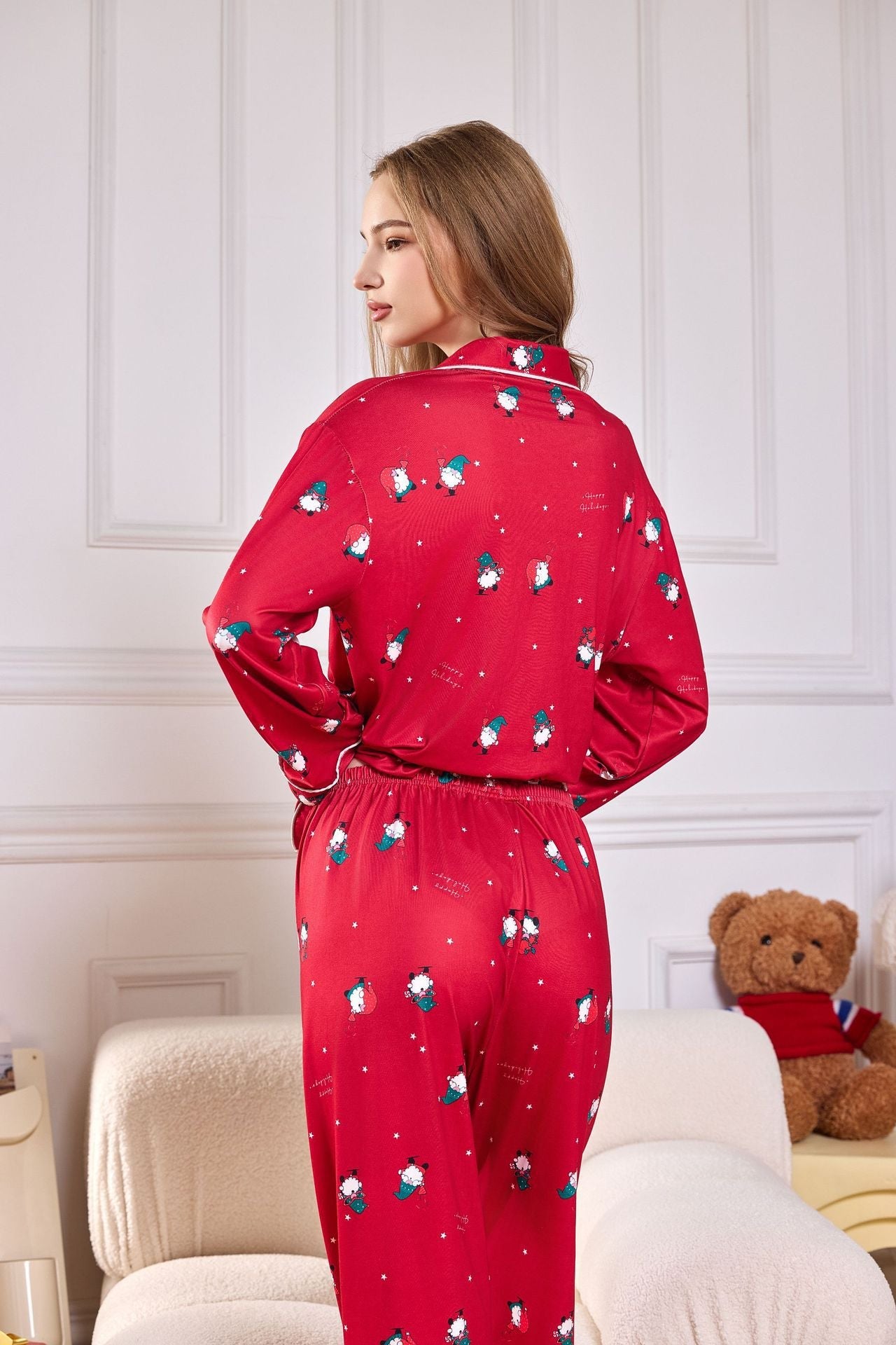 Pink Candy Cane Print Satin Long PJ Set-ROVOLE