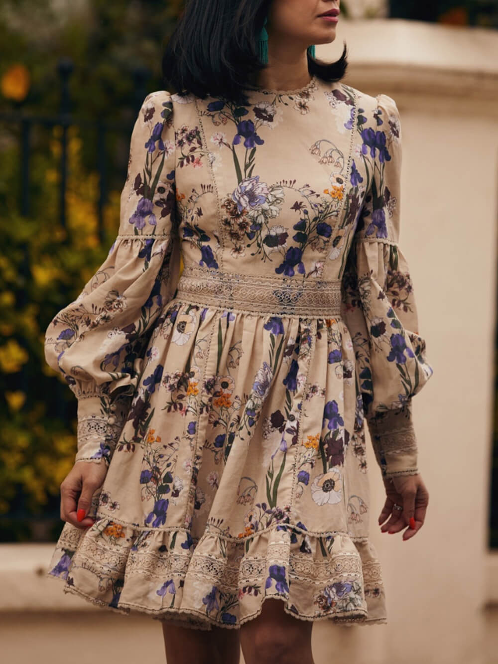 Flowers Plants Balloon Sleeves Mini Dress-Massicos