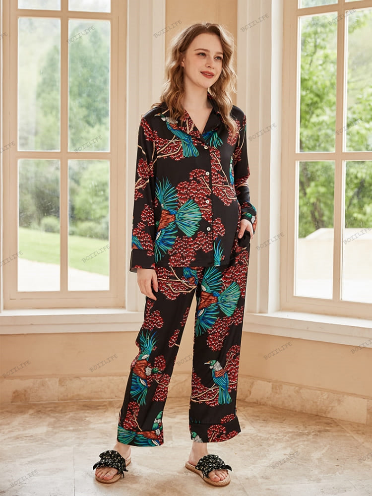 Bird of Paradise Pattern Ice Silk Long Sleeve Pajama Set-Massicos
