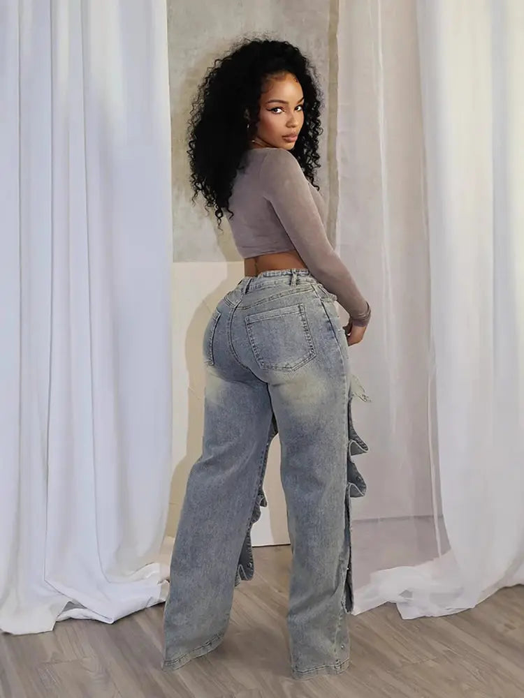 Detachable High-Waist Denim Pants-Massicos
