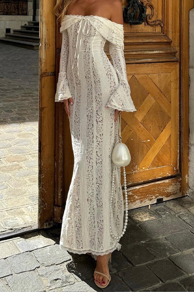 Lace Flared Sleeve off-Shoulder Dress-ROVOLE