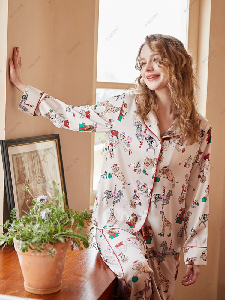 Circus Print Ice Silk Long-Sleeve Loungewear Set-Massicos