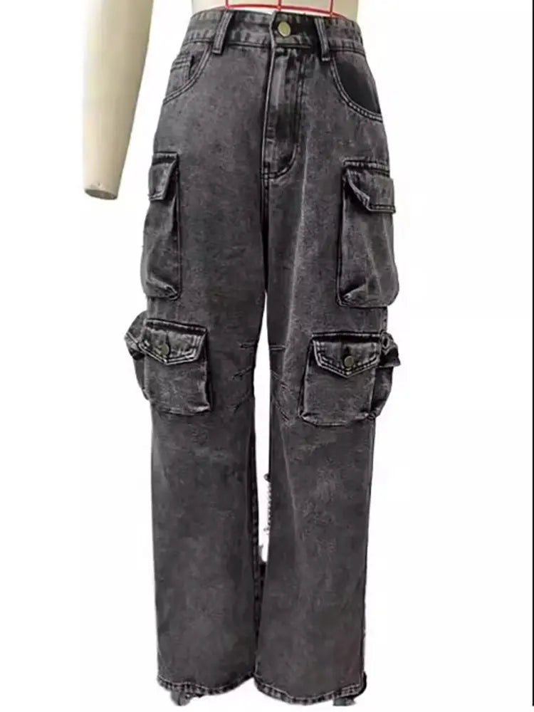 High-Waisted Cargo Jeans Trousers-Massicos
