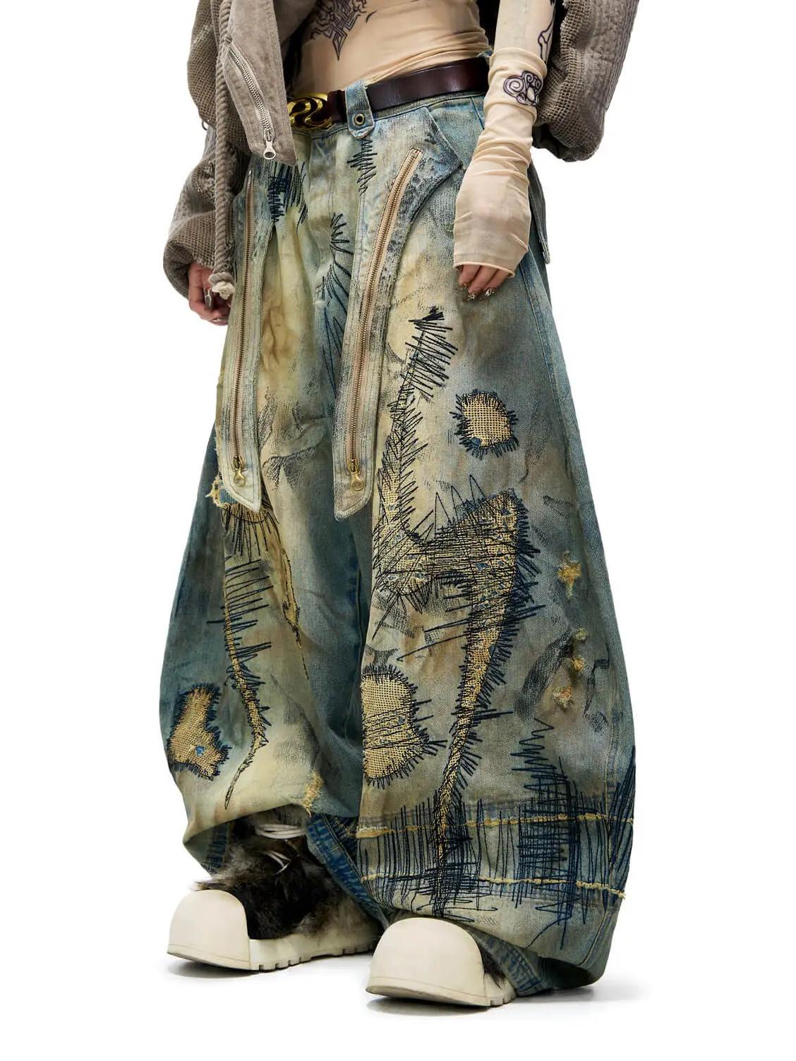 Plato-Dyed Embroidered Scimitar Jeans-Massicos
