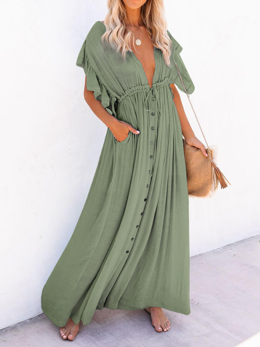 Button Cotton Linen Perfect Beach Boho Maxi Dress-Massicos