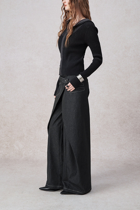 Swinging Symphony Fake Two-Piece Wide-Leg Jeans-Massicos
