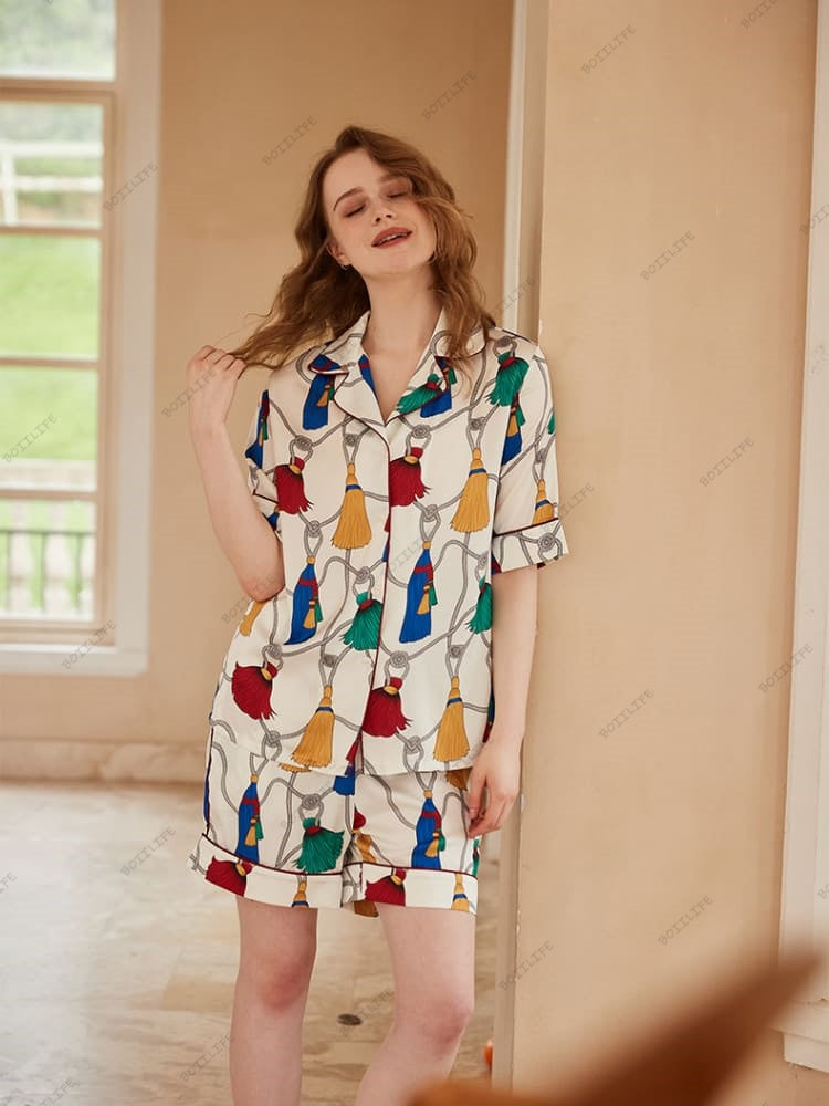 Fringe Pattern Ice Silk Short-Sleeve Loungewear Set-Massicos