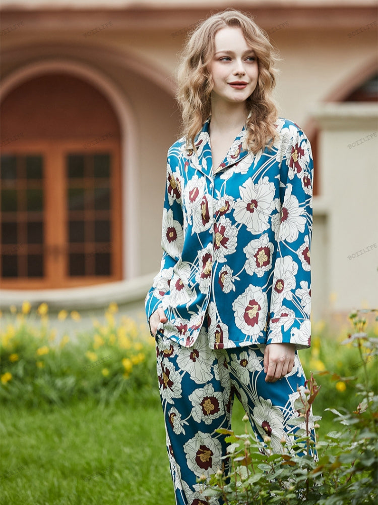 Blue Floral Pattern Ice Silk Long Sleeve Loungewear Set-Massicos