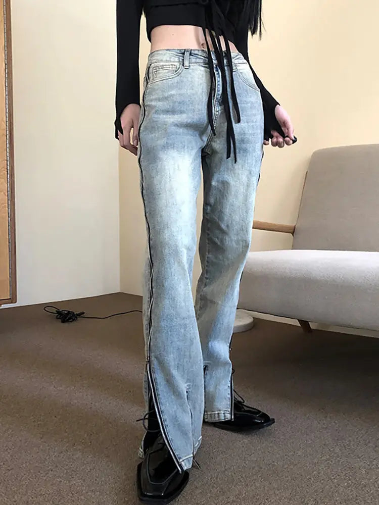 Streetwear Flare Zipper Jeans-Massicos