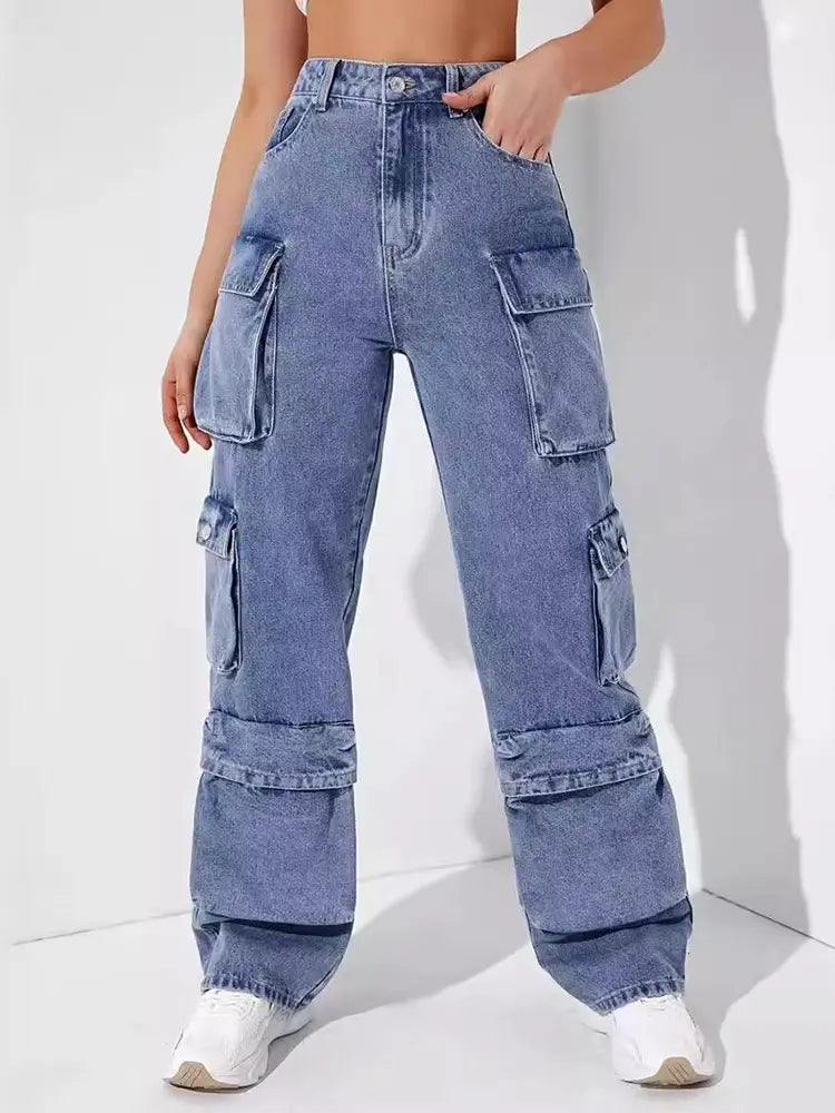 Multi-Pocket Denim Cargo Pants-Massicos