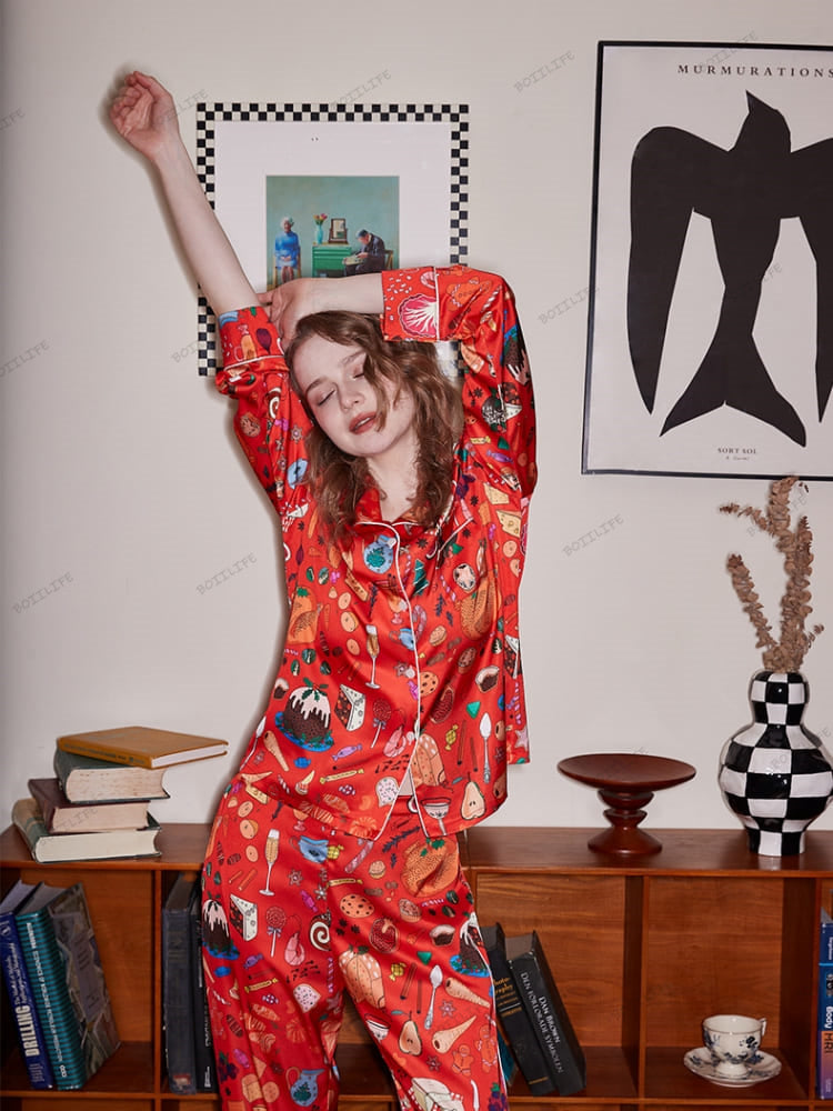 Dessert Print Long Sleeve Ice Silk Loungewear Set-Massicos