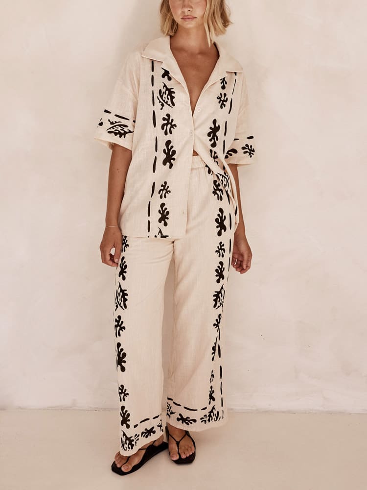 Black Printed Cream Wide Leg Pants-Set-Massicos