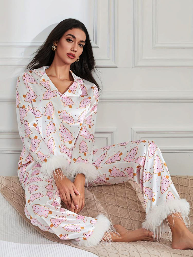Christmas Tree Print Satin Pajama Set-Massicos