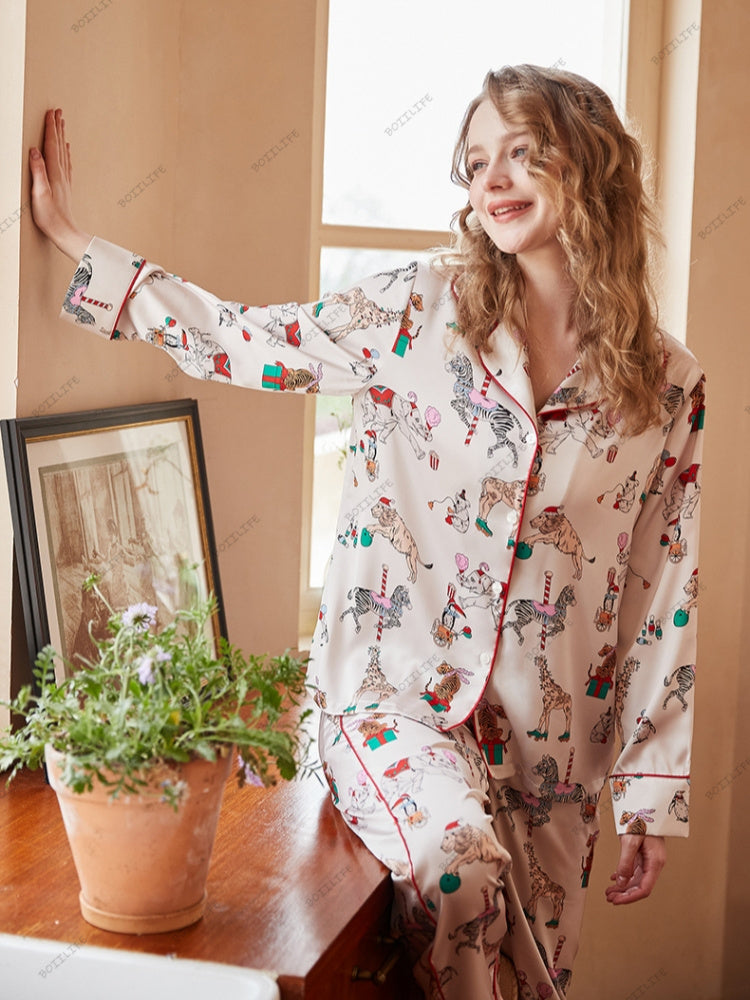 Circus Print Ice Silk Pajama Loungewear Set-Massicos