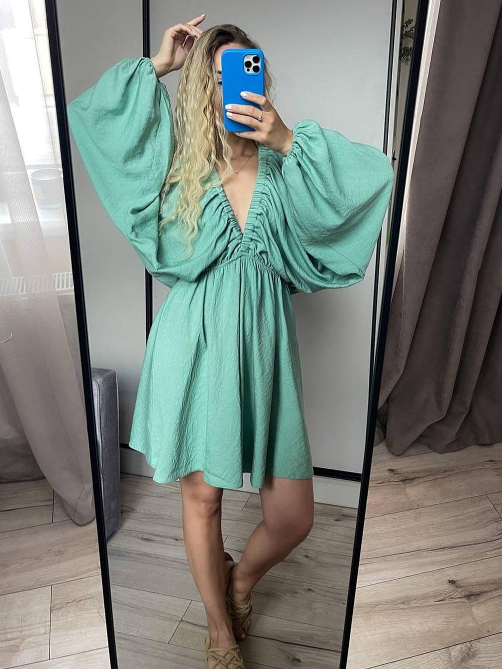 Woven Plunge Skater Mini Dress-Massicos