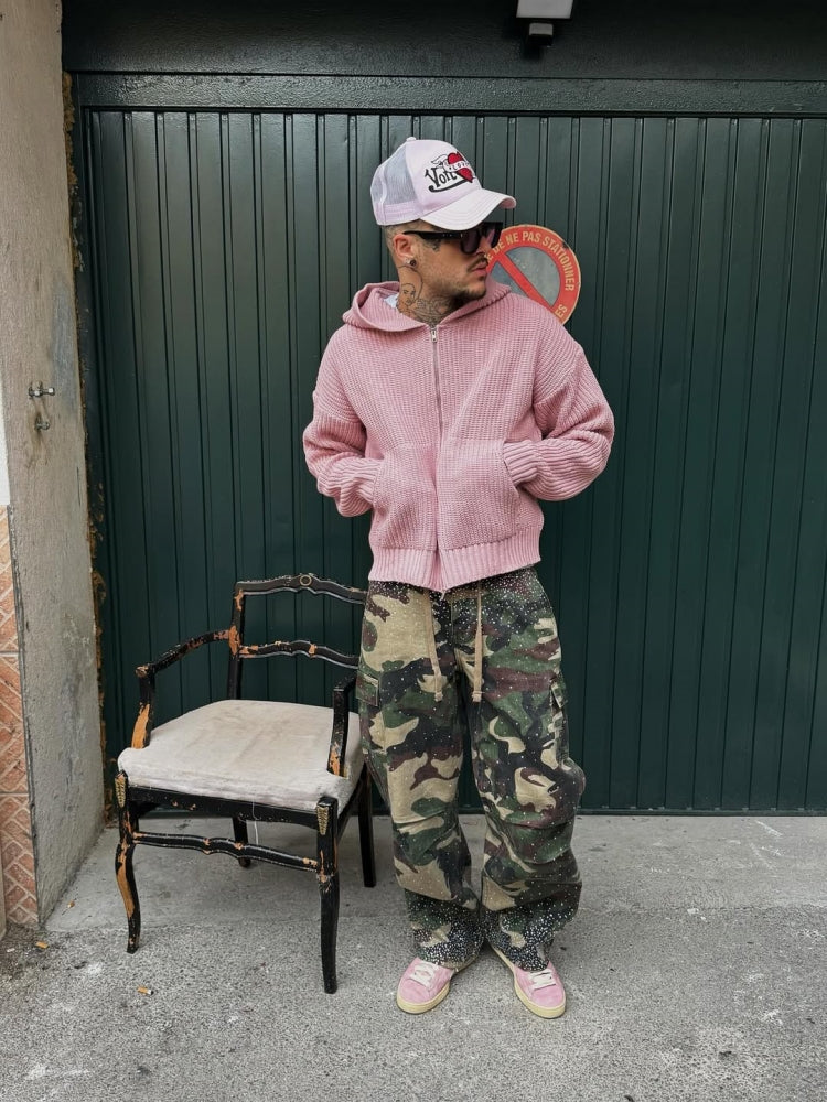 Camo Rhinestone Drawstring Cargo Pants-Massicos