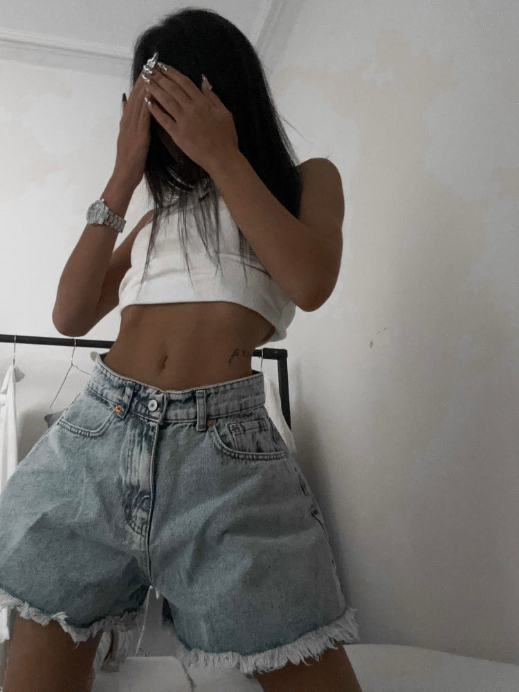 High-Waisted Straight-Leg Denim Shorts-Massicos