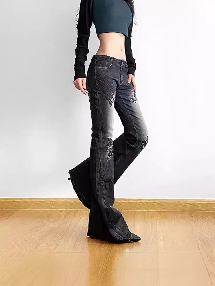 Vintage Floral Low-Rise Jeans-Massicos