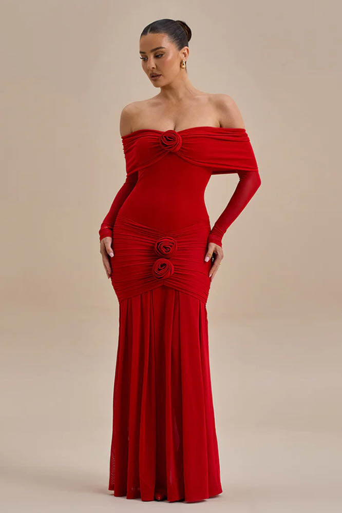 Off-Shoulder 3D Floral Bodycon Maxi Dress-ROVOLE