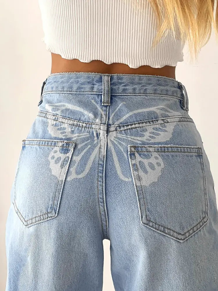 High-Waisted Printed Denim Pants-Massicos