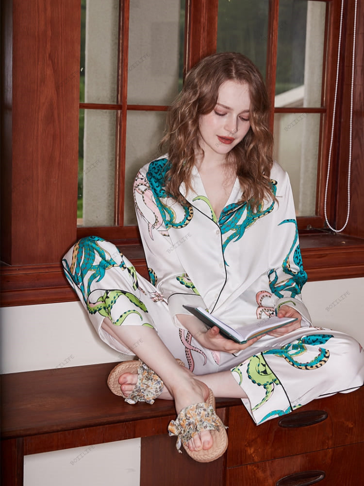 Octopus Print Ice Silk Long-Sleeve Loungewear Set - White-Massicos