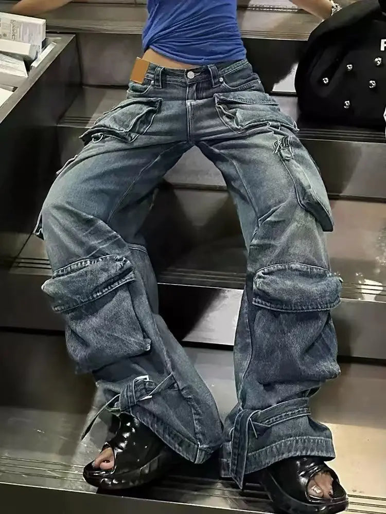 Vintage Multi-Pocket Denim Work Pants-Massicos
