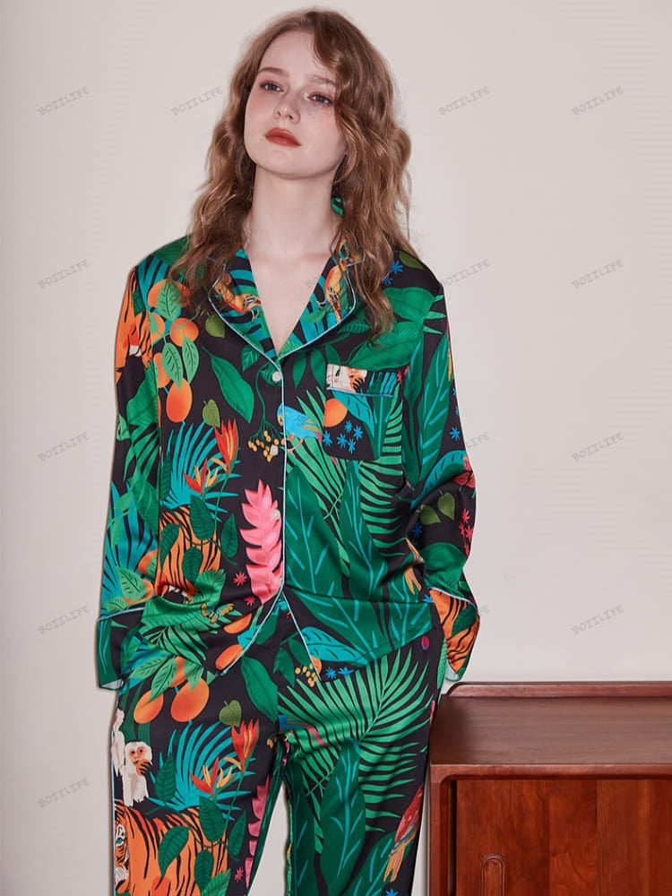 Tiger and Monkey Print Ice Silk Long-Sleeve Loungewear Set-Massicos