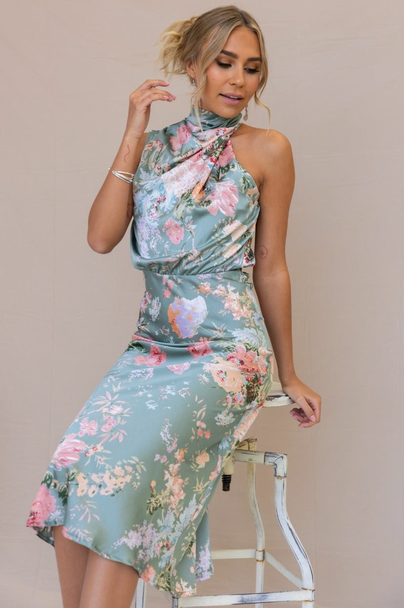 Wine Country Dates Floral Halter Neck Elastic Waist Maxi Dress-Massicos