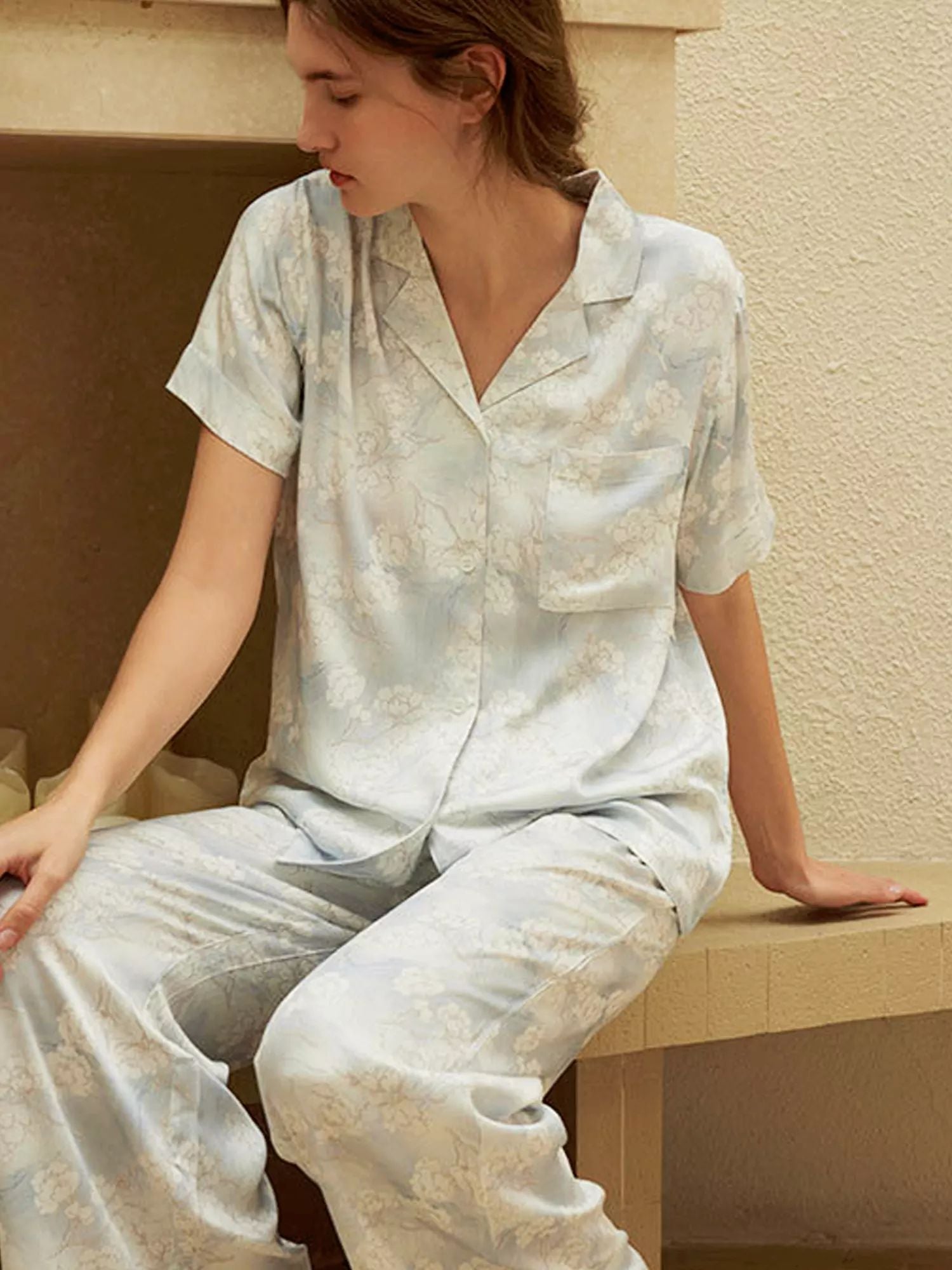 Satin Blossom Floral Print Pajama Set-Massicos