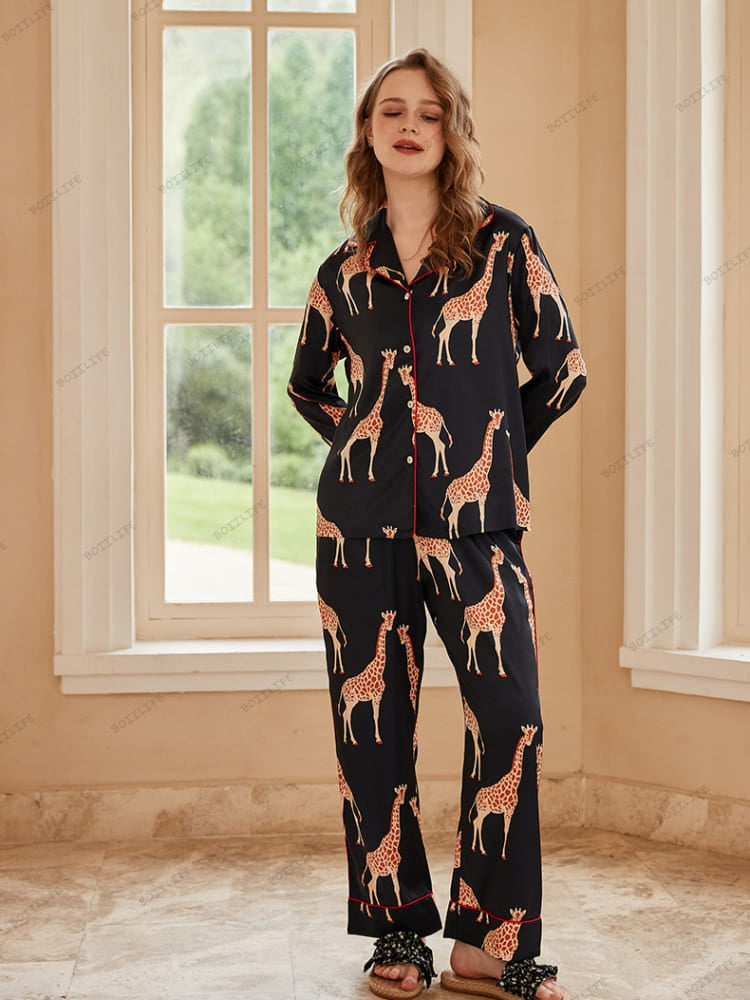 Black Giraffe Print Ice Silk Long-Sleeve Pajama Set-Massicos