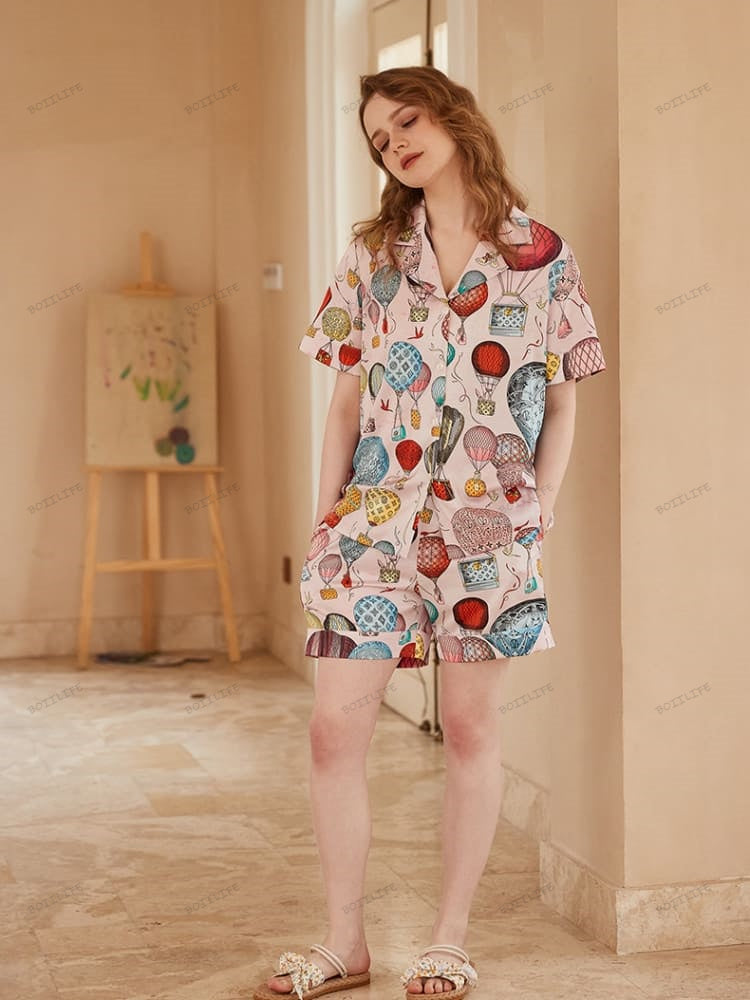 Hot Air Balloon Print Ice Silk Open-Front Short-Sleeve Pajama Set-Massicos