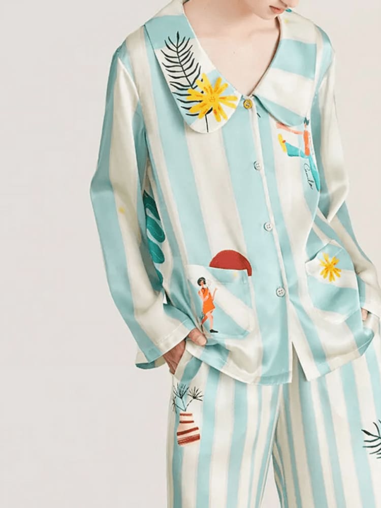 Homewear - Printed Ice Silk Long Sleeve Pajama Set-Massicos