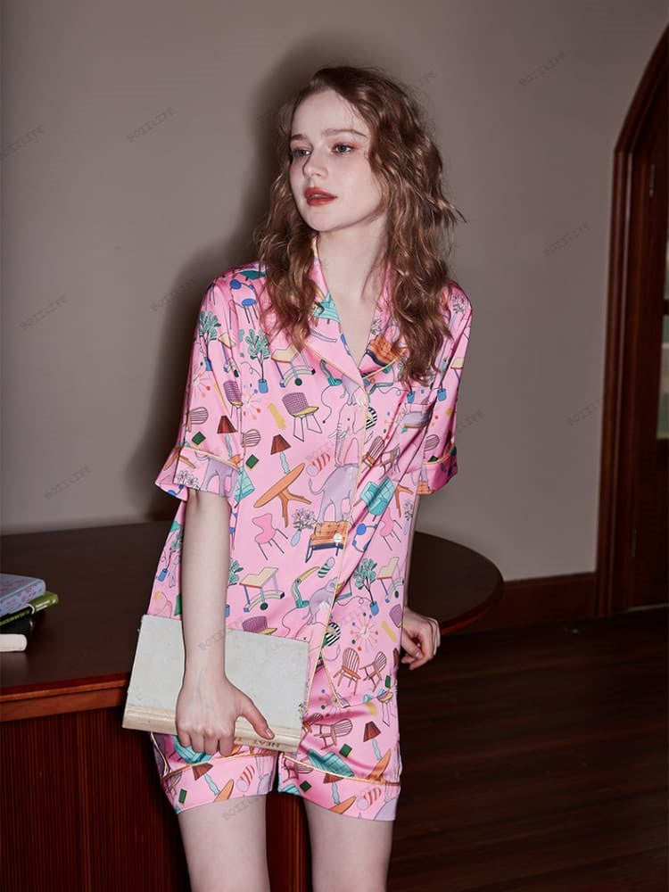 Elephant and Furniture Print Ice Silk Short-Sleeve Loungewear Set-Massicos