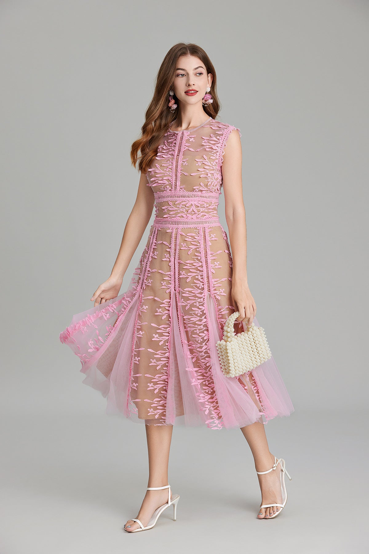 Maëlle Round Neck Mesh Embroidered Midi Dress In Beige-ROVOLE