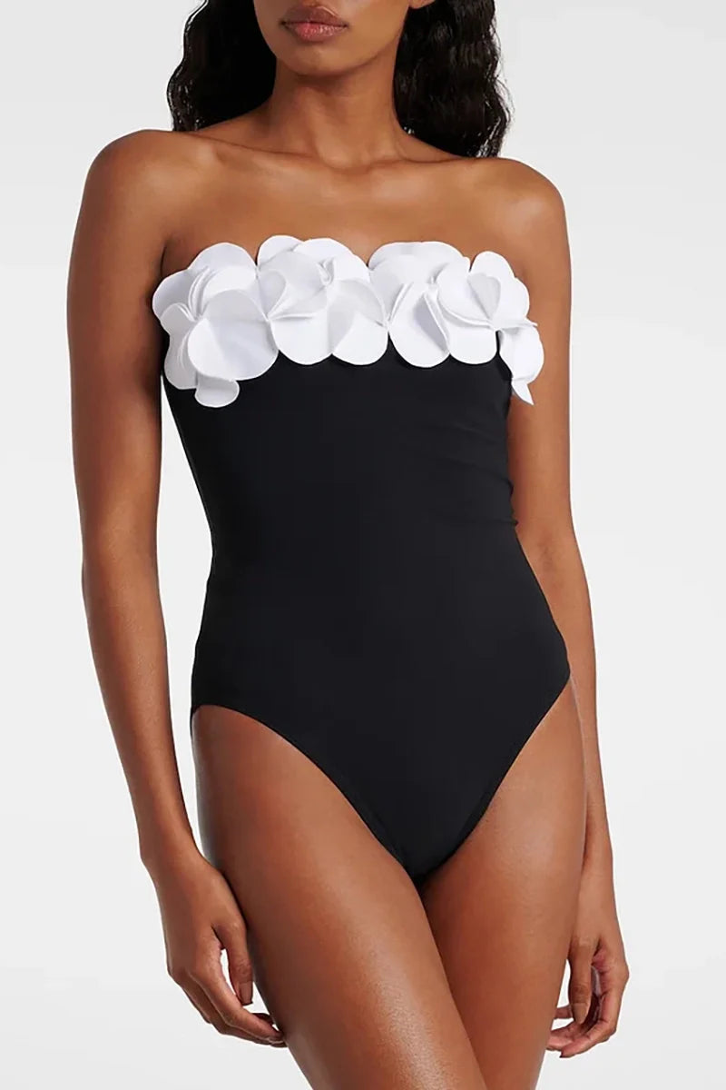 3D Floral Strapless Black Swimsuit-ROVOLE
