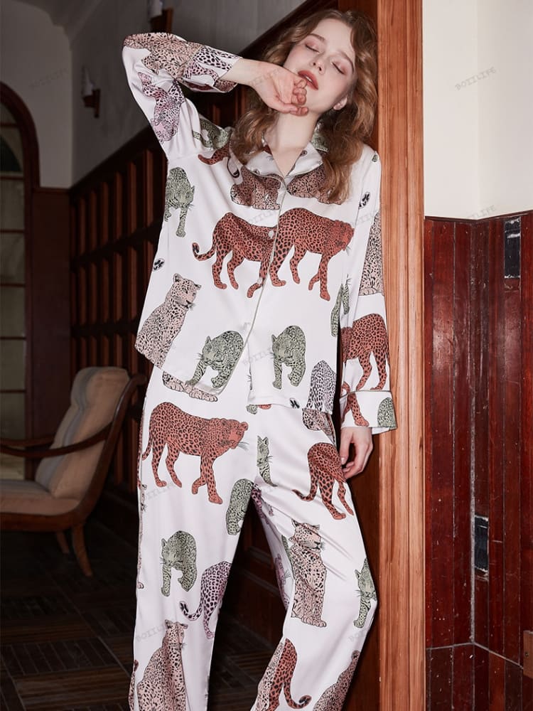North China Leopard Ice Silk Long-Sleeve Pajama Set-Massicos