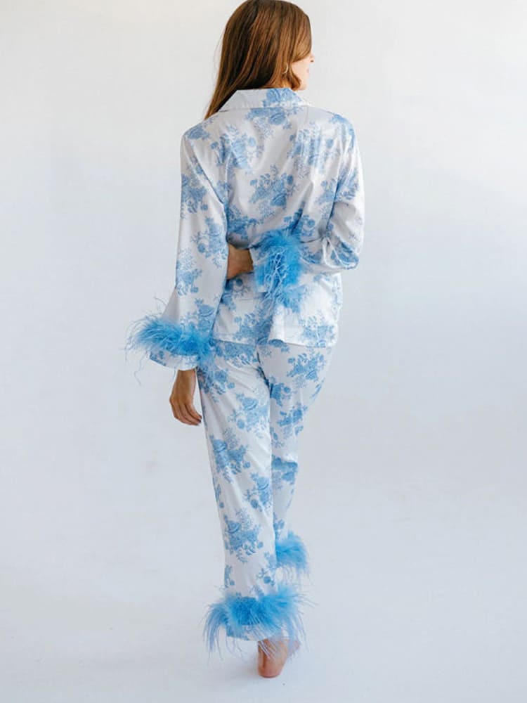 Blue Floral Print Satin Pajama Set-Massicos