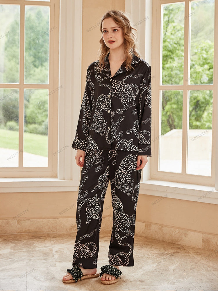 Black Jaguar Print Silk Ice Long-Sleeve Pajama Set-Massicos