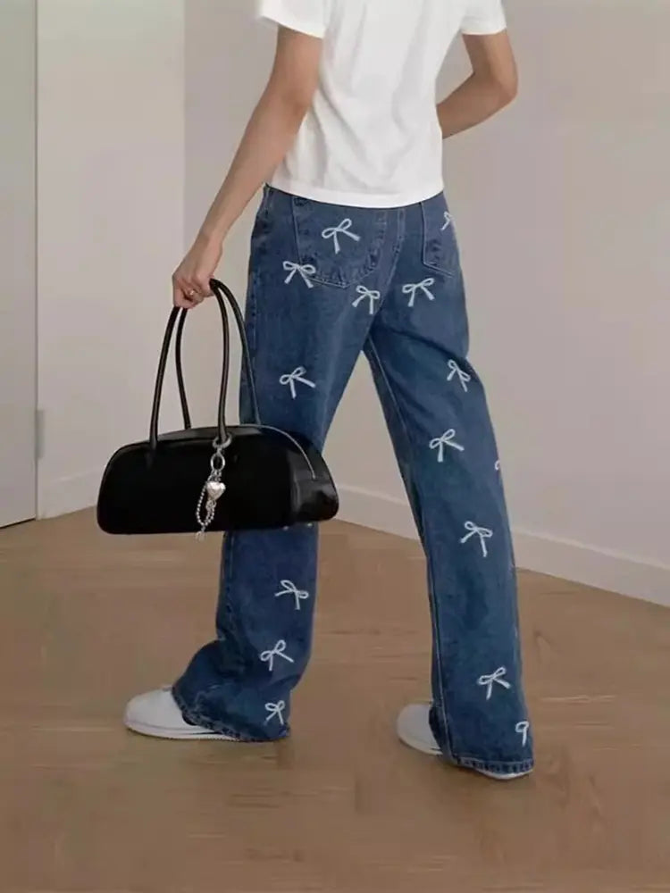 Bow Print Denim Pants-Massicos
