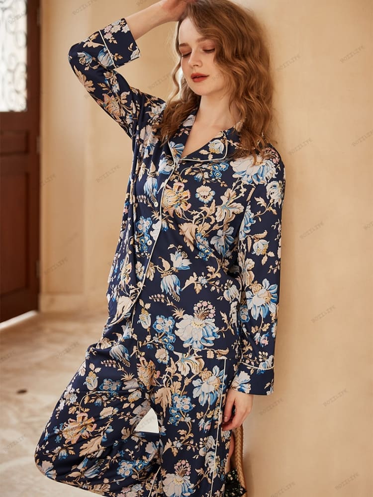 Begonia Flower Print Long-Sleeve Pajama Loungewear Set-Massicos