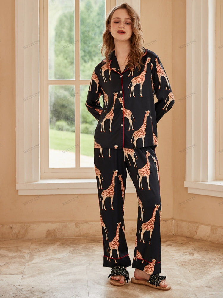 Giraffe Long-Sleeve Ice Silk Loungewear Set - Black-Massicos