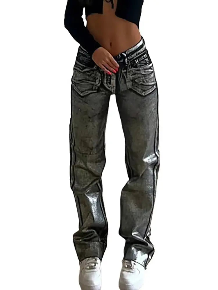 Metallic Accent High-Waist Jeans-Massicos