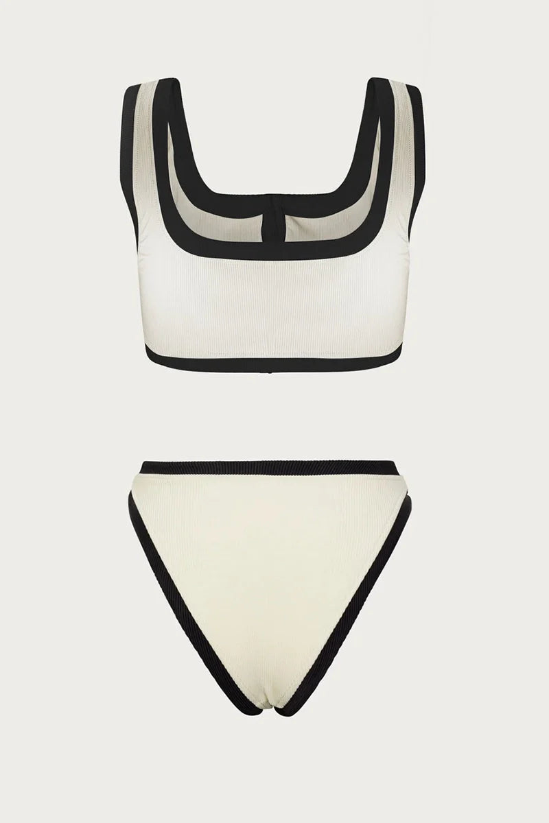 Elegant Contrast Button Detail Two-Piece Swimsuit-ROVOLE