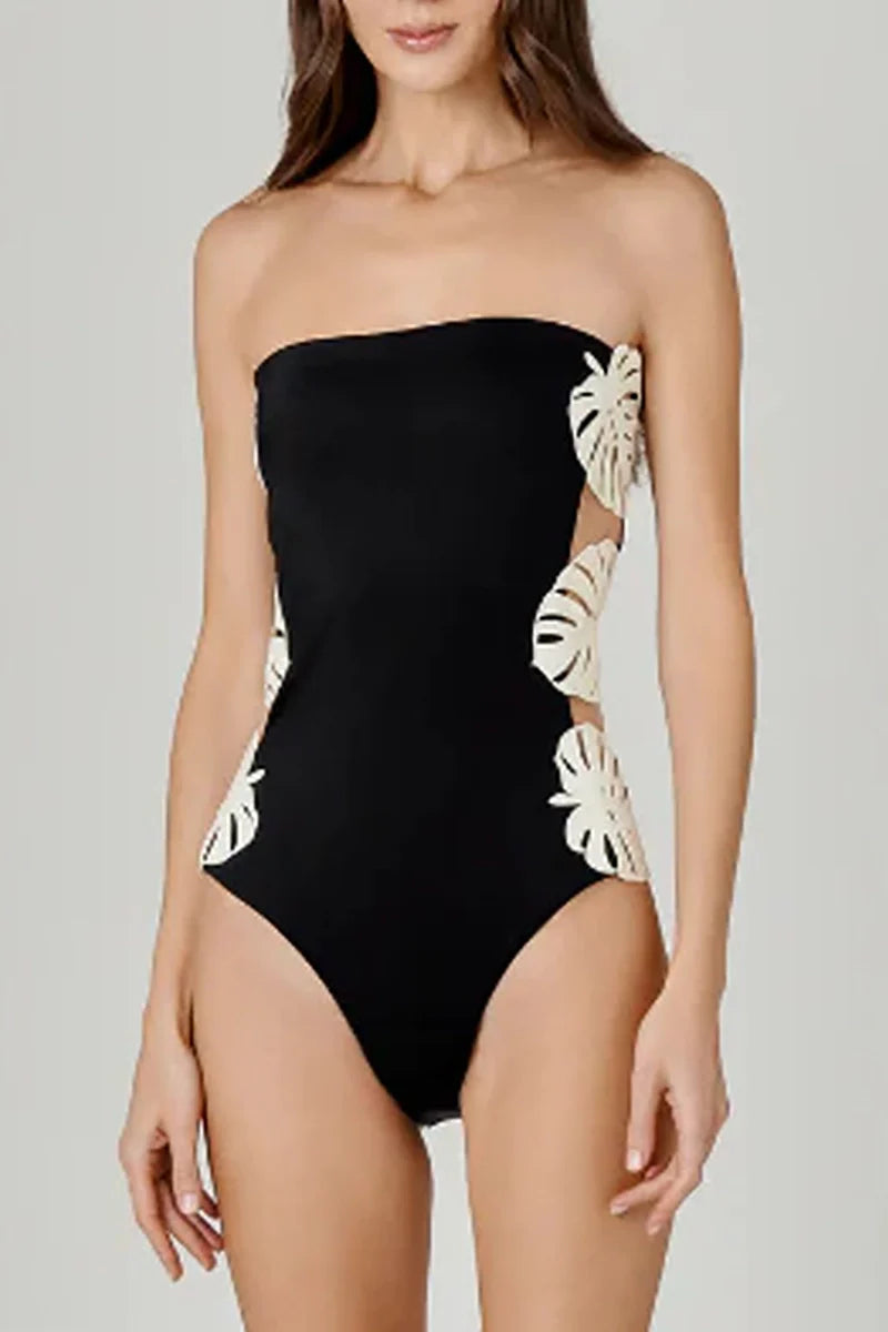 Leaf Patchwork Cutout Strapless Swimsuit-ROVOLE
