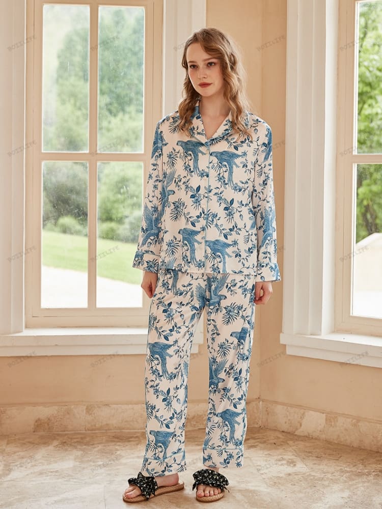 Parrot Print Ice Silk Long-Sleeve Pajama Loungewear Set-Massicos