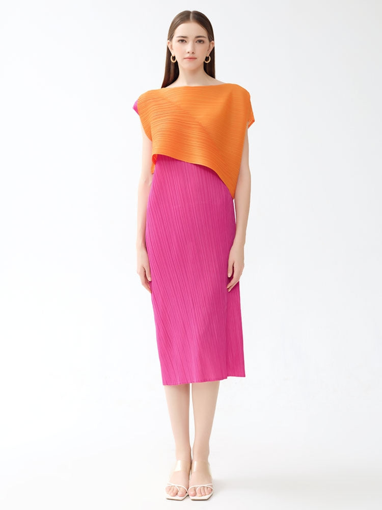 Round Neck Pleated Color Block Midi Dress-Massicos