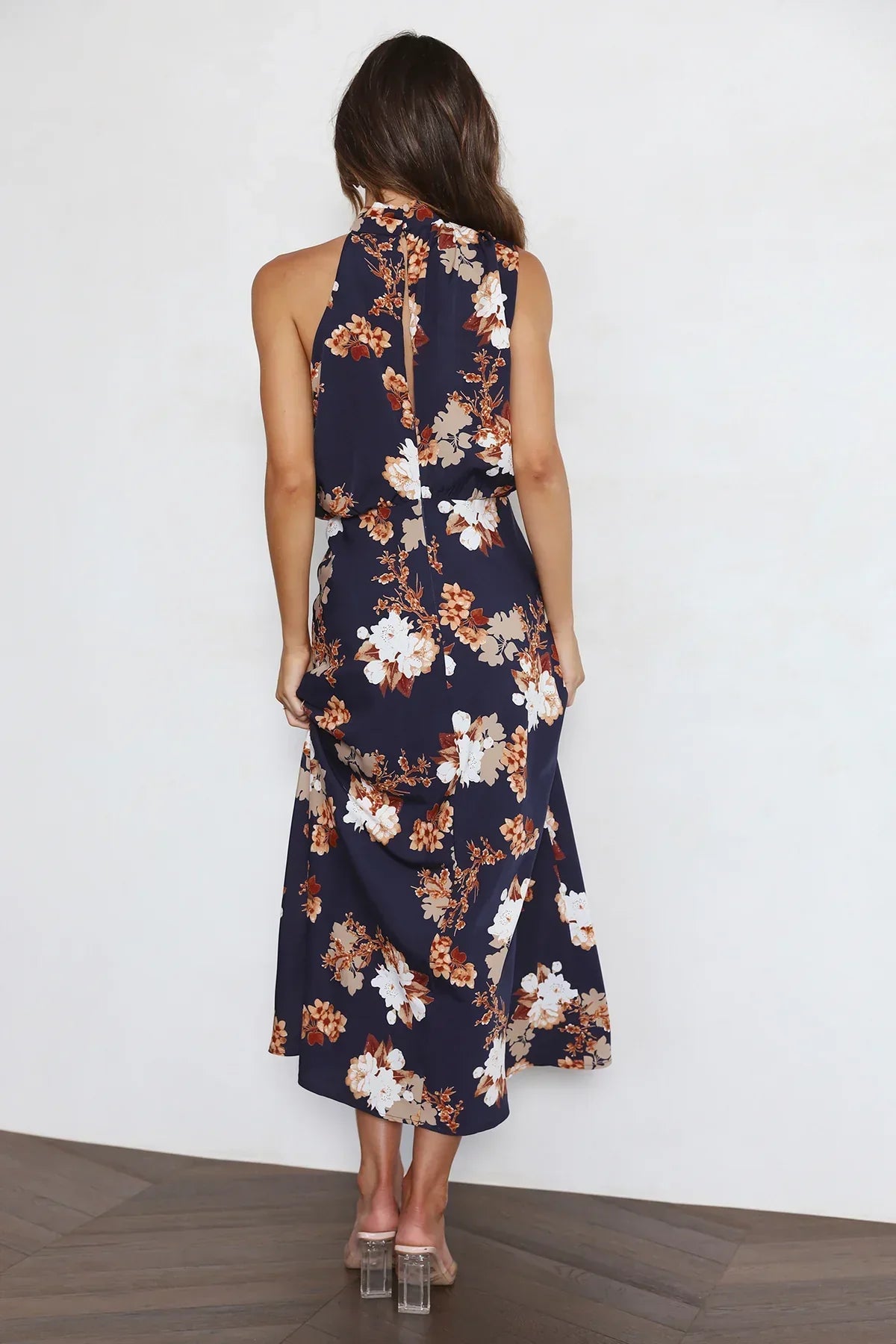 Wine Country Dates Floral Halter Neck Elastic Waist Maxi Dress-Massicos