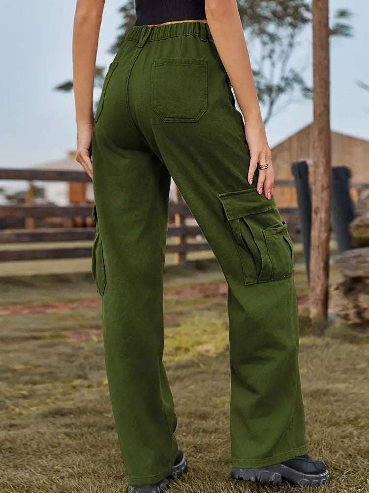 American Style Elastic-Waist Denim Cargo Pants-Massicos
