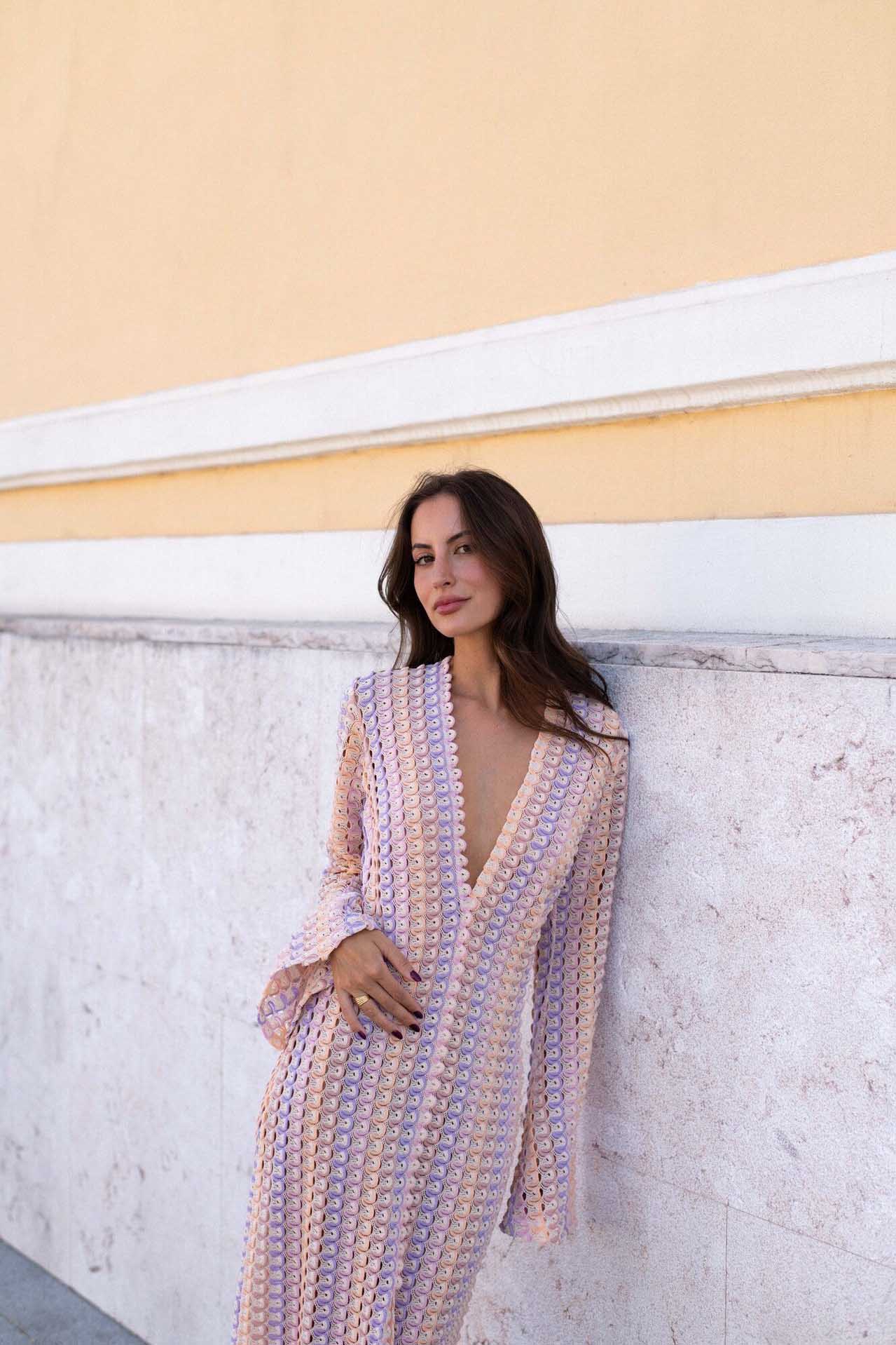 Boho V Neck Bell Sleeve Wavy Striped Crochet Beach Vacation Maxi Dress-ROVOLE